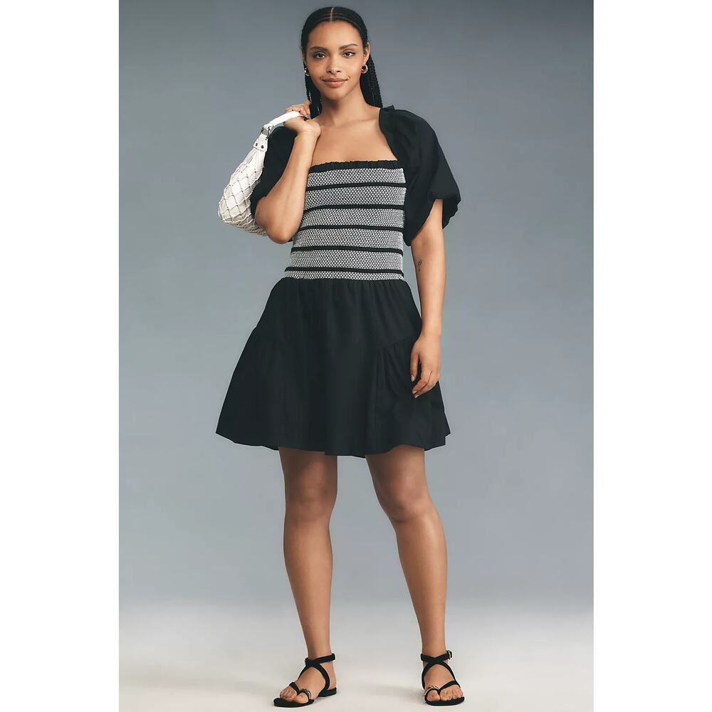 NWT By Anthropologie Puff-Sleeve Square-Neck Smocked Mini Dress $158 SMALL Black